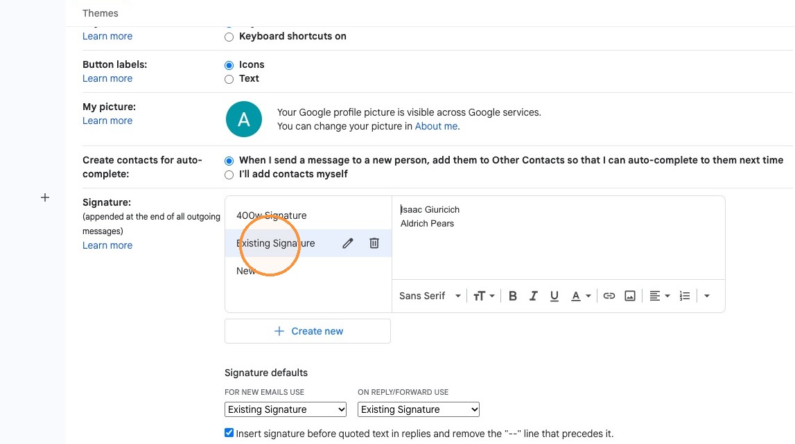Select the existing signature